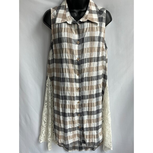 A'reve Anthropologie Womens Lace Checkered Tunic Dress M Mix Media Boho Academia - Picture 1 of 10